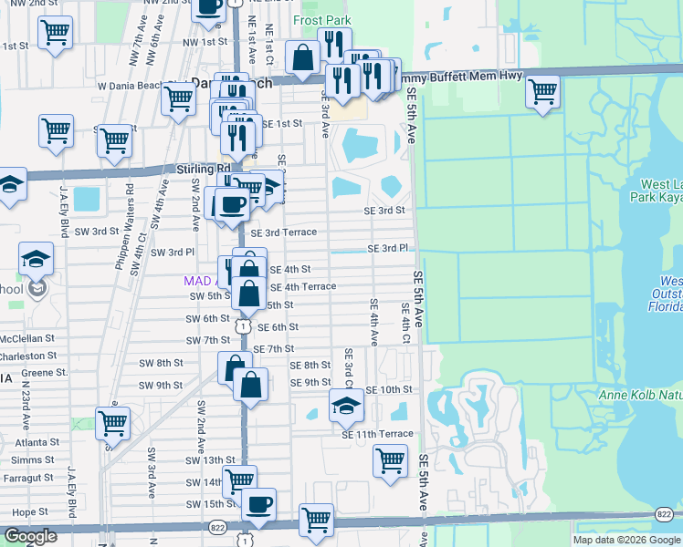 map of restaurants, bars, coffee shops, grocery stores, and more near 303 Southeast 4th Street in Dania Beach