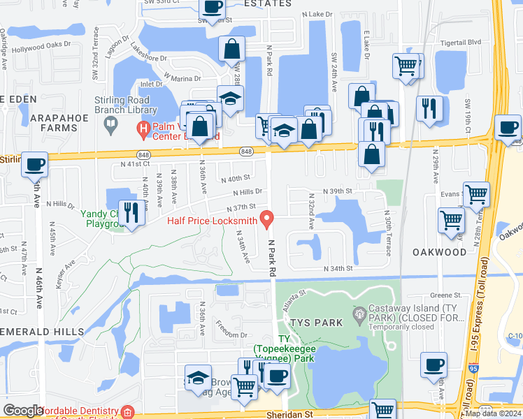 map of restaurants, bars, coffee shops, grocery stores, and more near 3310 North 37th Street in Hollywood
