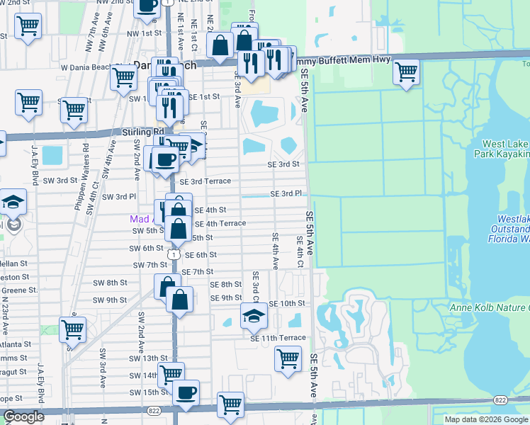 map of restaurants, bars, coffee shops, grocery stores, and more near 321 Southeast 4th Street in Dania Beach