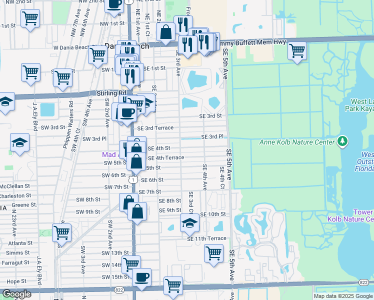 map of restaurants, bars, coffee shops, grocery stores, and more near 303 Southeast 4th Street in Dania Beach