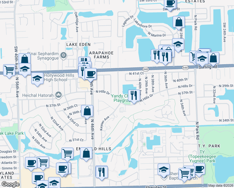 map of restaurants, bars, coffee shops, grocery stores, and more near 3860 North 42nd Terrace in Hollywood