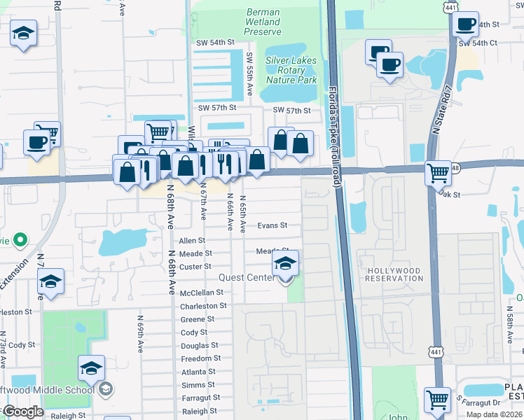 map of restaurants, bars, coffee shops, grocery stores, and more near 6460 Franklin Street in Hollywood