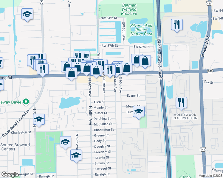 map of restaurants, bars, coffee shops, grocery stores, and more near 6600 Franklin Street in Hollywood
