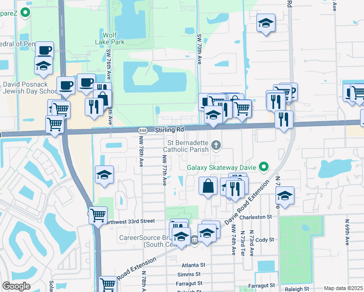 map of restaurants, bars, coffee shops, grocery stores, and more near 4215 Northwest 76th Avenue in Hollywood