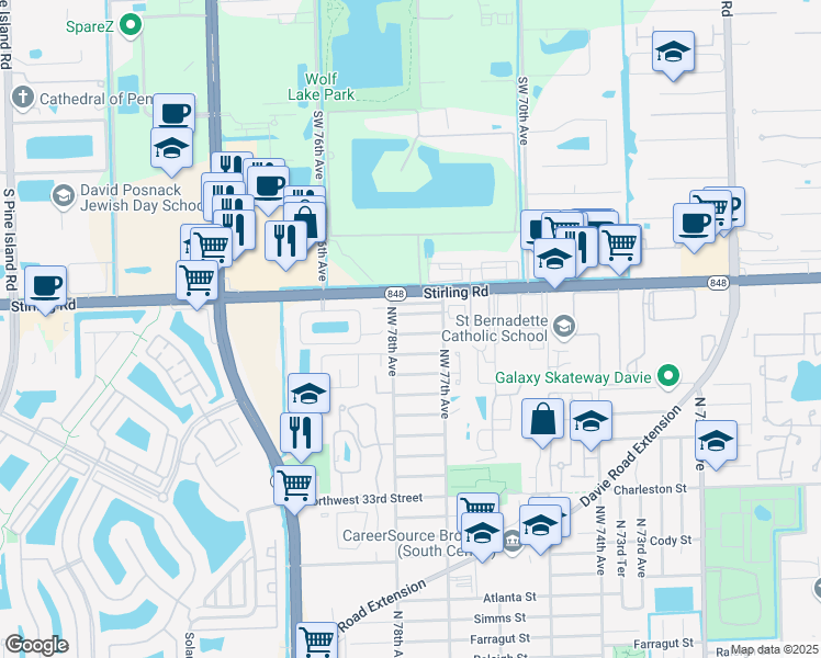 map of restaurants, bars, coffee shops, grocery stores, and more near 7750 Northwest 42nd Street in Hollywood