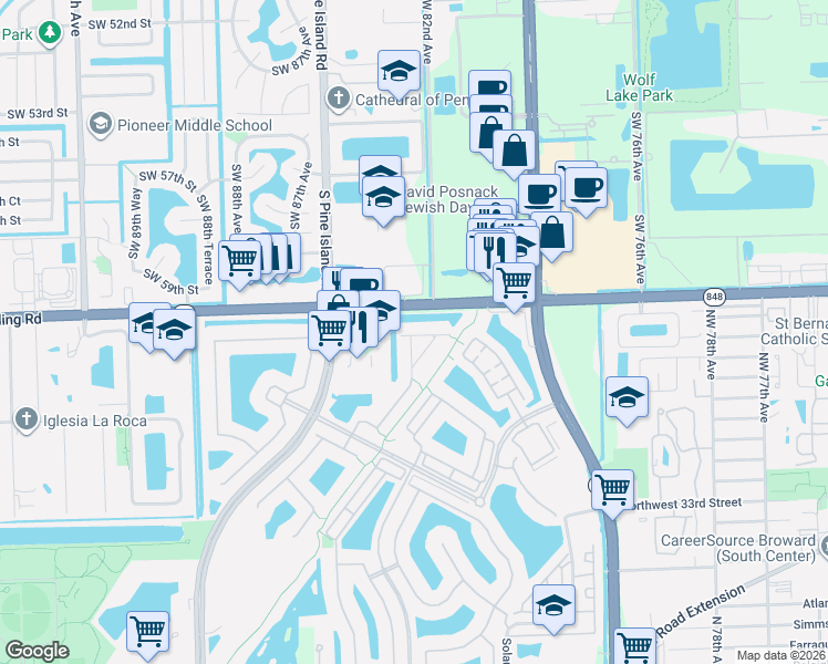 map of restaurants, bars, coffee shops, grocery stores, and more near 8531 Northwest 41 Street in Pembroke Pines