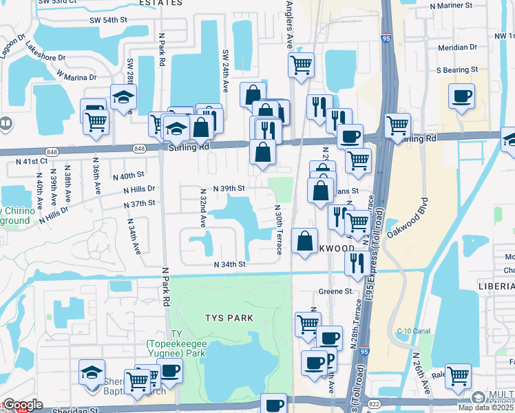 map of restaurants, bars, coffee shops, grocery stores, and more near 3025 Oaktree Lane in Hollywood