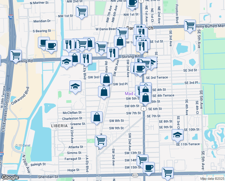 map of restaurants, bars, coffee shops, grocery stores, and more near 258 Southwest 4th Street in Dania Beach