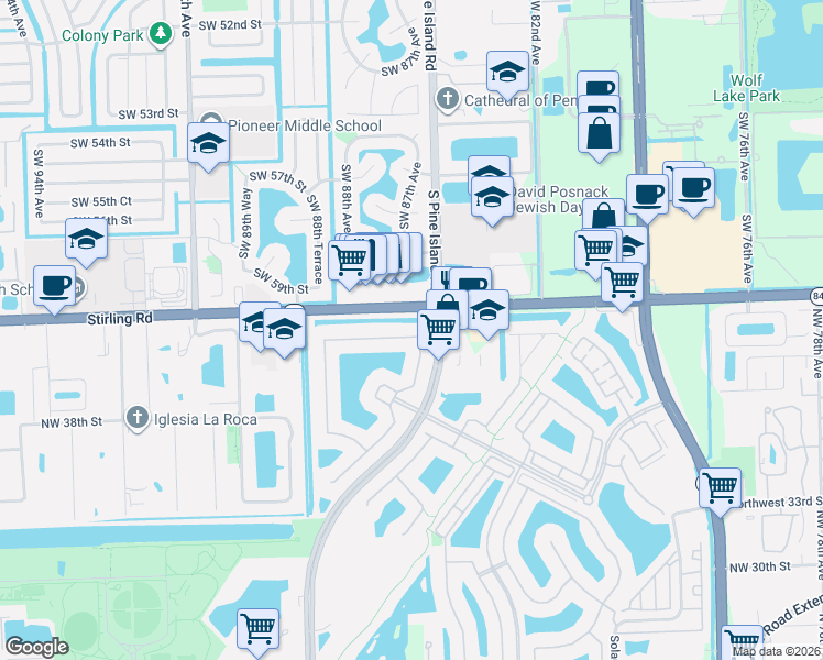 map of restaurants, bars, coffee shops, grocery stores, and more near 8705 Northwest 41st Street in Hollywood