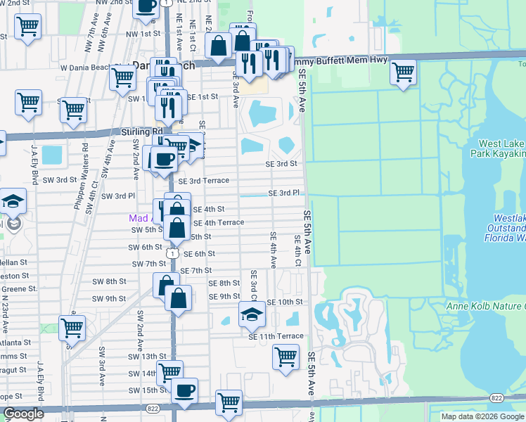 map of restaurants, bars, coffee shops, grocery stores, and more near 321 Southeast 4th Street in Dania Beach