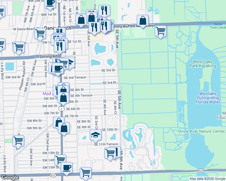map of restaurants, bars, coffee shops, grocery stores, and more near 412 Southeast 4th Street in Dania Beach