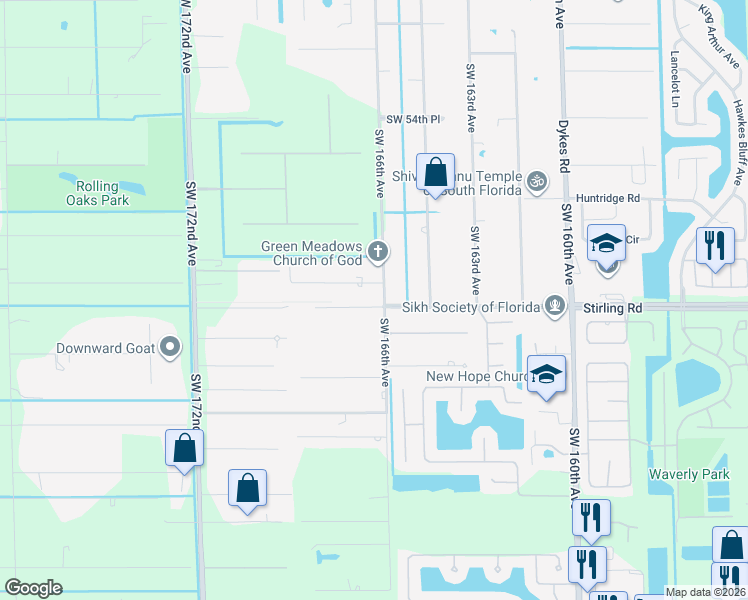 map of restaurants, bars, coffee shops, grocery stores, and more near 16660 Southwest 59th Court in Southwest Ranches