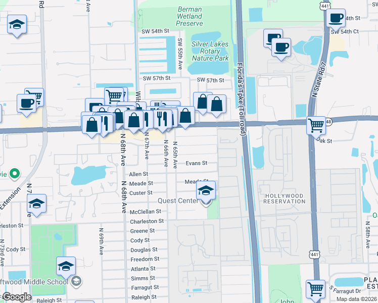 map of restaurants, bars, coffee shops, grocery stores, and more near 6460 Franklin Street in Hollywood