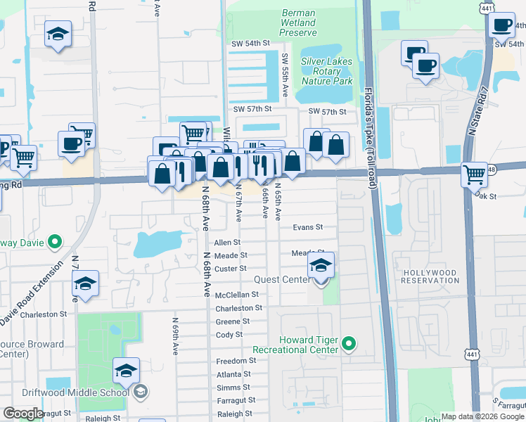 map of restaurants, bars, coffee shops, grocery stores, and more near 6600 Franklin Street in Hollywood