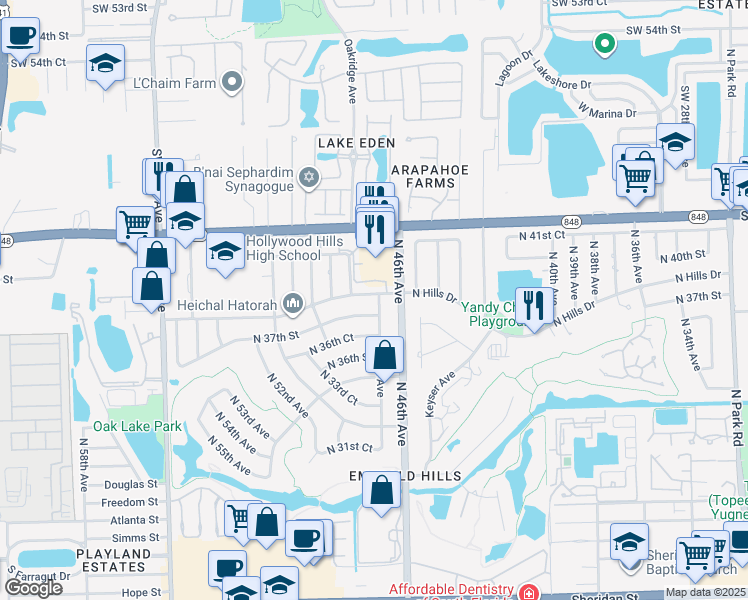 map of restaurants, bars, coffee shops, grocery stores, and more near 4700 North Hills Drive in Hollywood