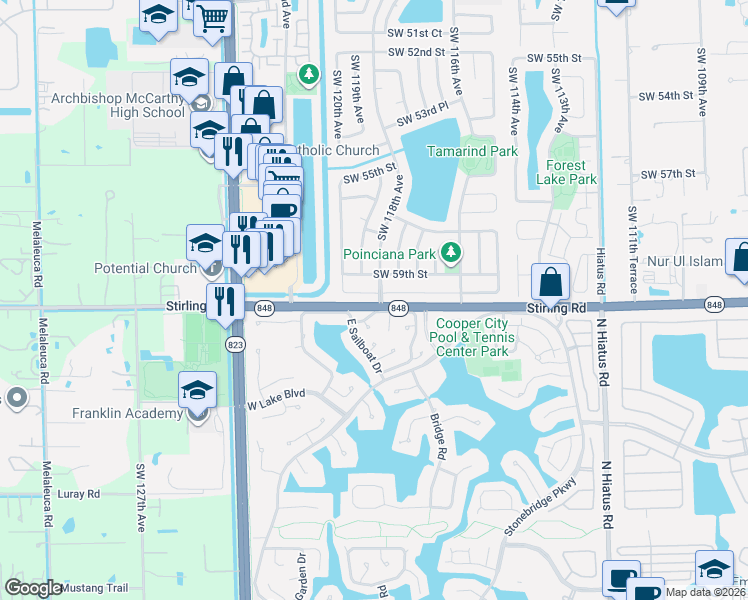 map of restaurants, bars, coffee shops, grocery stores, and more near 11802 Southwest 59th Court in Cooper City