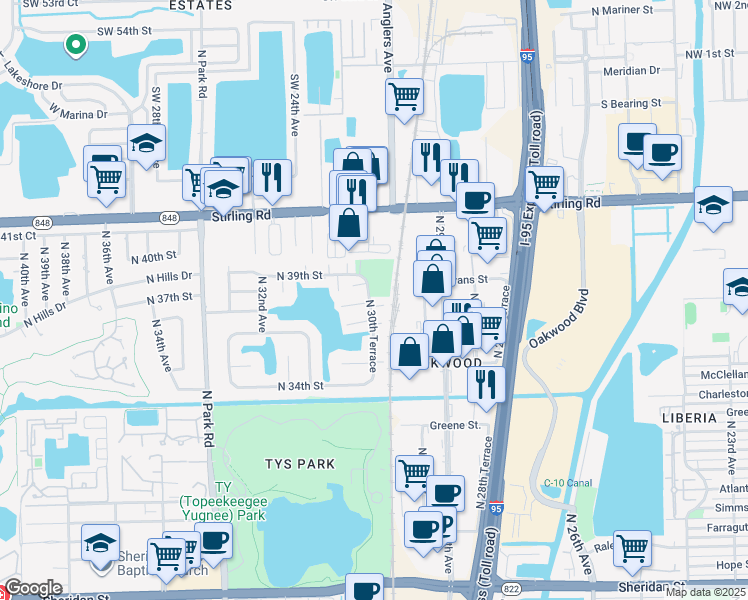map of restaurants, bars, coffee shops, grocery stores, and more near 2999 Oaktree Lane in Hollywood