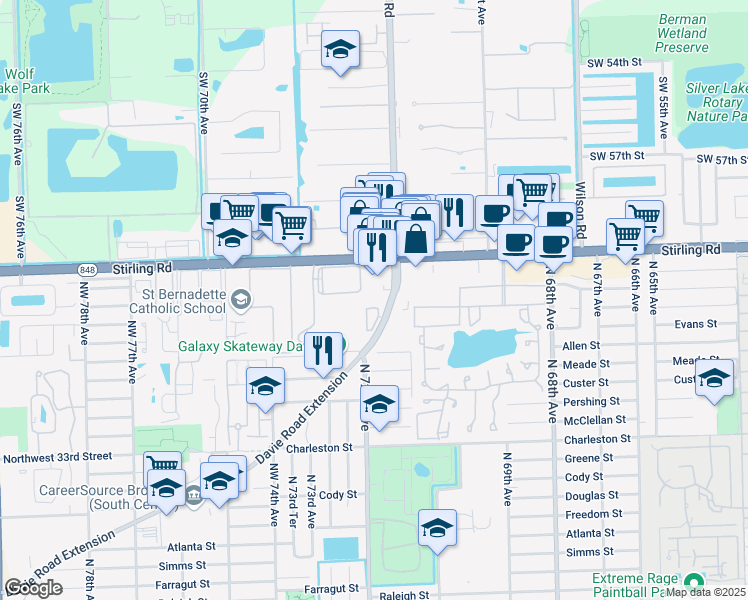map of restaurants, bars, coffee shops, grocery stores, and more near 4201 Davie Road Extension in Hollywood