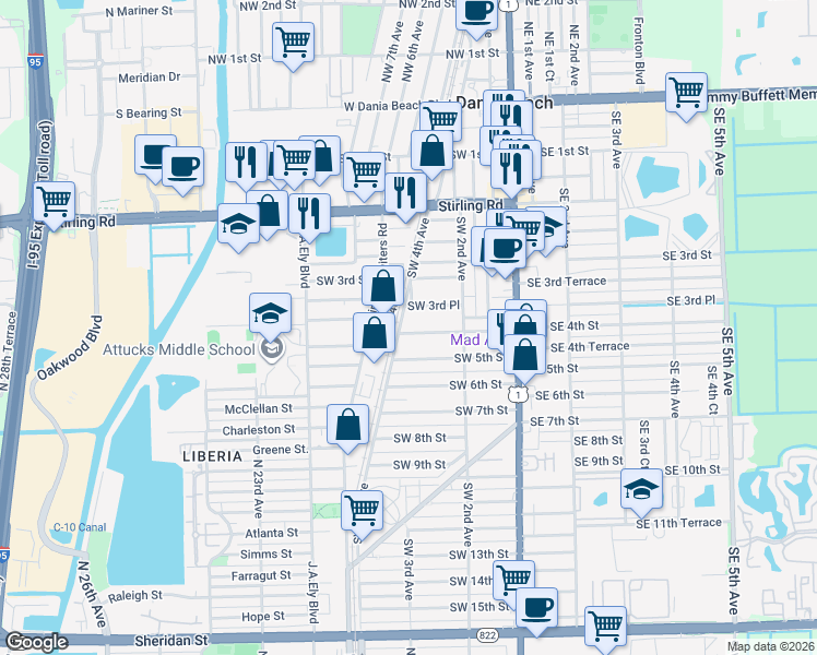 map of restaurants, bars, coffee shops, grocery stores, and more near 258 Southwest 4th Street in Dania Beach