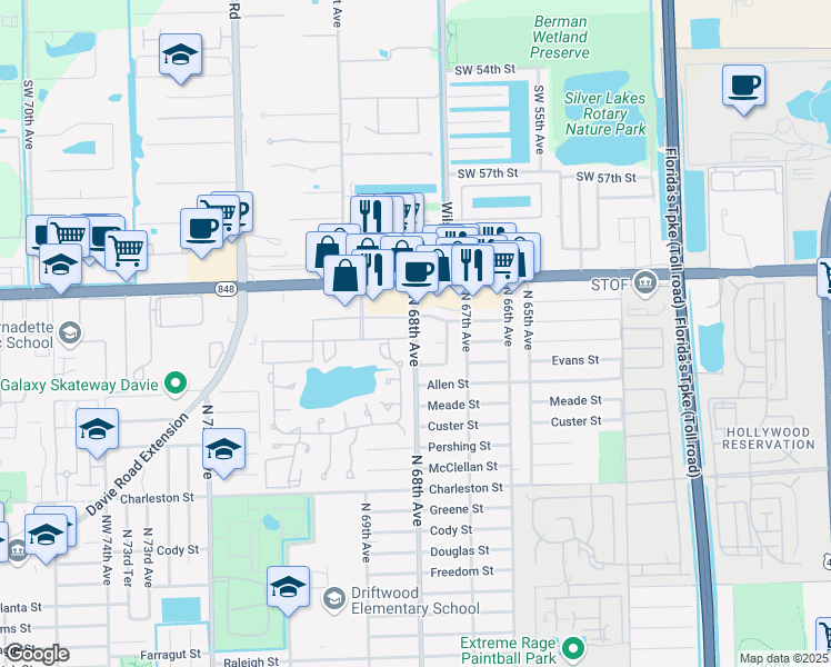 map of restaurants, bars, coffee shops, grocery stores, and more near 4021 North 68th Avenue in Hollywood