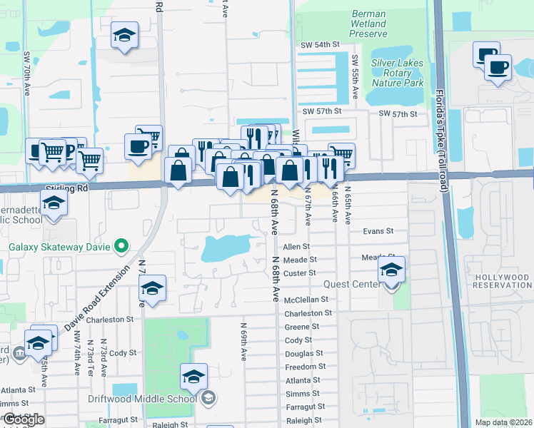 map of restaurants, bars, coffee shops, grocery stores, and more near 151 Berkley Road in Hollywood