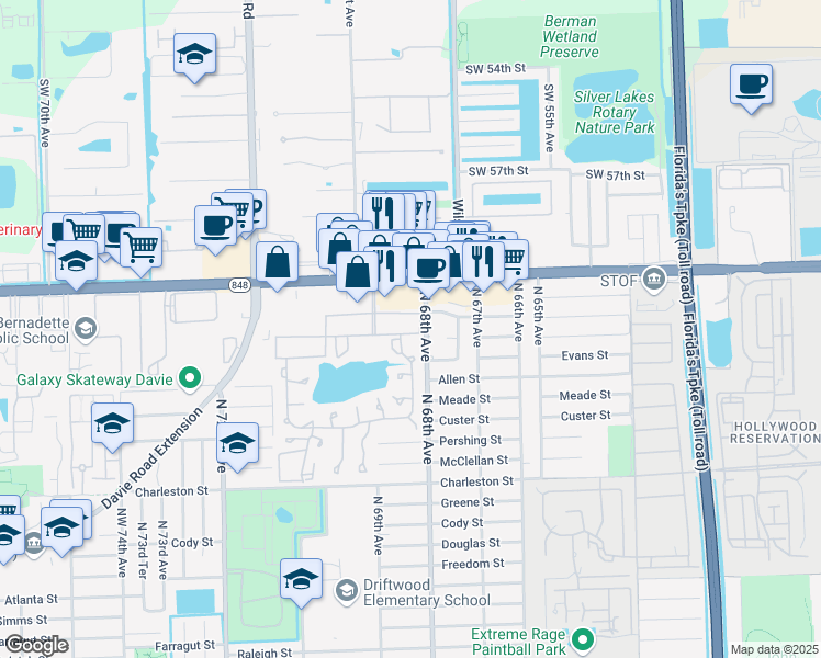 map of restaurants, bars, coffee shops, grocery stores, and more near 151 Berkley Road in Hollywood
