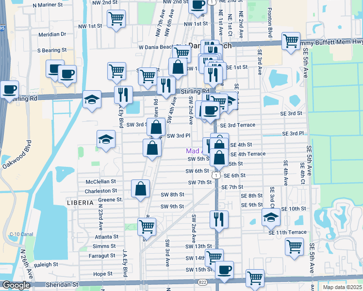 map of restaurants, bars, coffee shops, grocery stores, and more near 224 Southwest 4th Street in Dania Beach