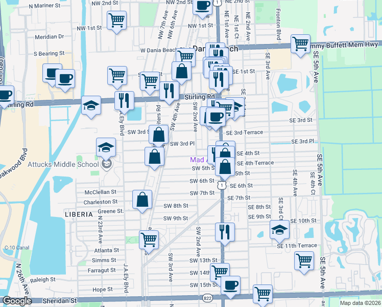 map of restaurants, bars, coffee shops, grocery stores, and more near 224 Southwest 4th Street in Dania Beach