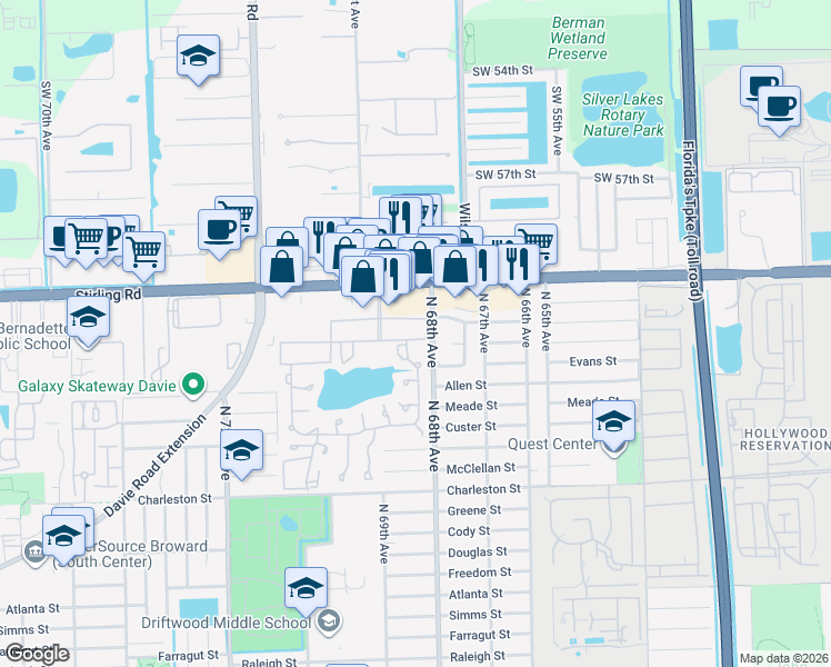map of restaurants, bars, coffee shops, grocery stores, and more near 151 Berkley Road in Hollywood