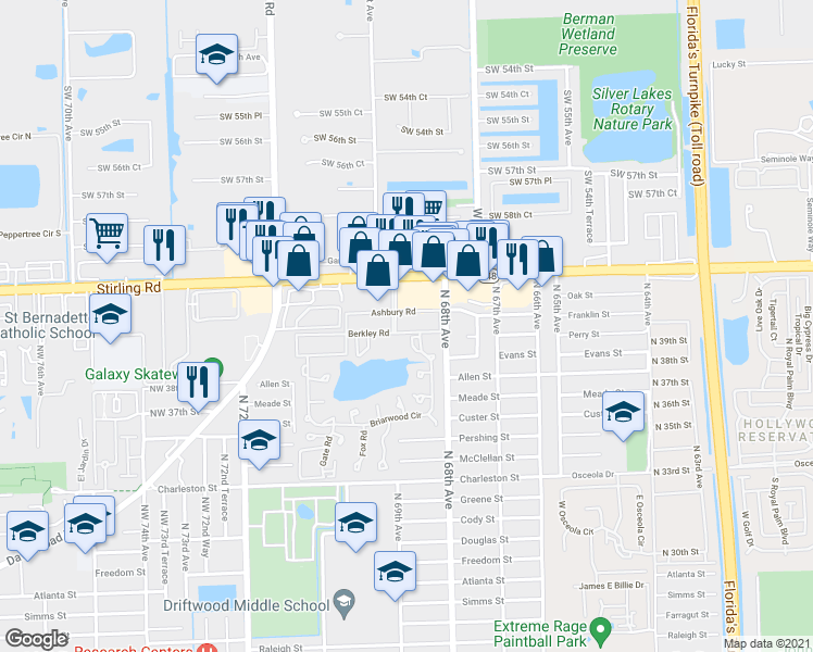map of restaurants, bars, coffee shops, grocery stores, and more near 151 Berkley Road in Hollywood