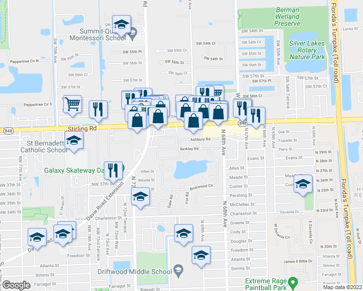 map of restaurants, bars, coffee shops, grocery stores, and more near 251 Berkley Road in Hollywood
