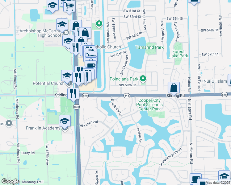 map of restaurants, bars, coffee shops, grocery stores, and more near 11802 Southwest 59th Court in Cooper City