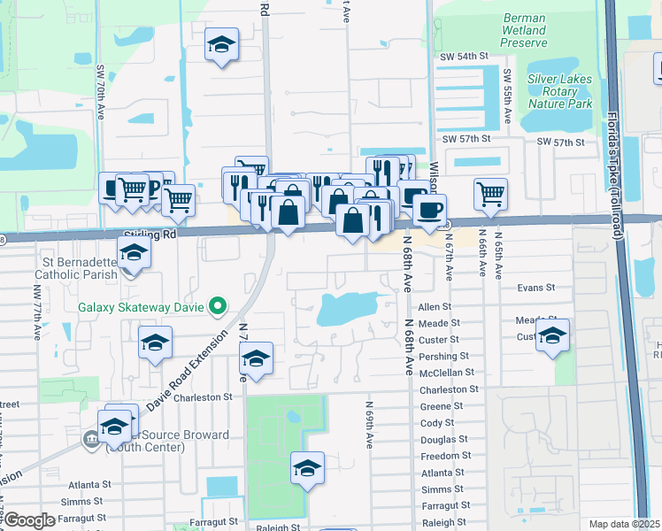 map of restaurants, bars, coffee shops, grocery stores, and more near 251 Berkley Road in Hollywood