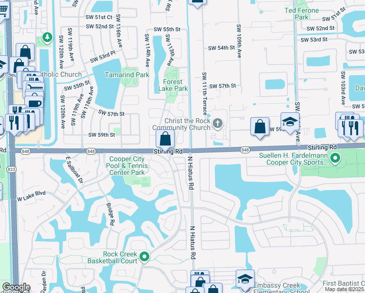 map of restaurants, bars, coffee shops, grocery stores, and more near 11206 Southwest 59th Place in Cooper City