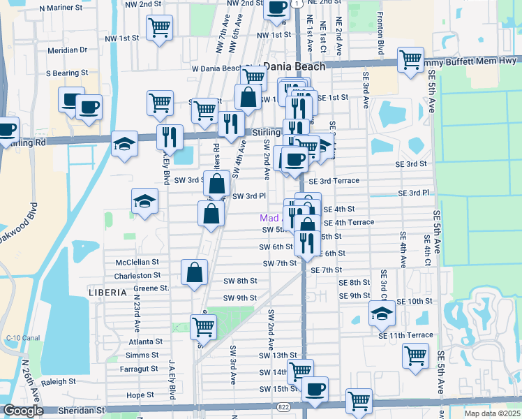 map of restaurants, bars, coffee shops, grocery stores, and more near 224 Southwest 4th Street in Dania Beach