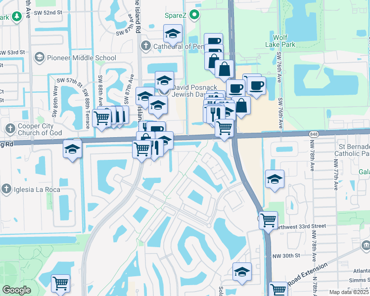 map of restaurants, bars, coffee shops, grocery stores, and more near 8531 Northwest 41 Street in Pembroke Pines