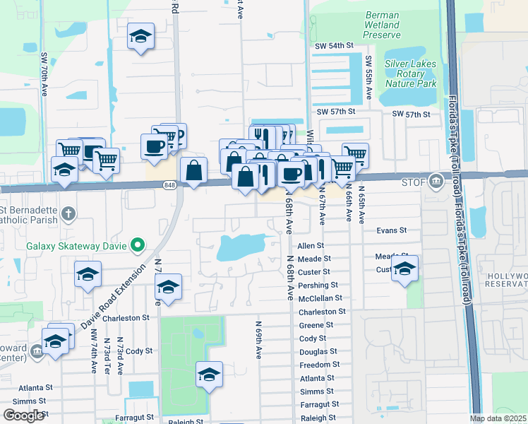 map of restaurants, bars, coffee shops, grocery stores, and more near 151 Berkley Road in Hollywood