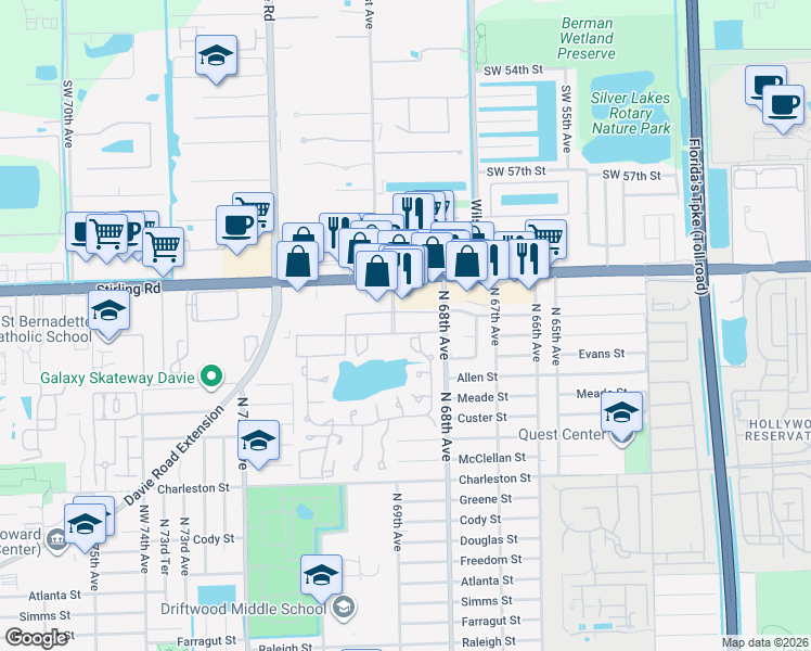 map of restaurants, bars, coffee shops, grocery stores, and more near 151 Berkley Road in Hollywood