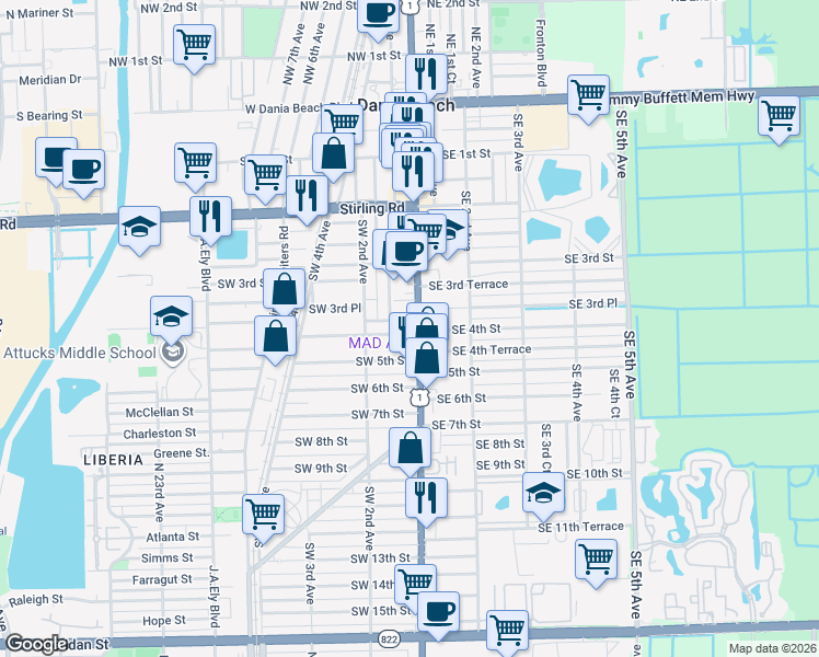 map of restaurants, bars, coffee shops, grocery stores, and more near in Dania Beach
