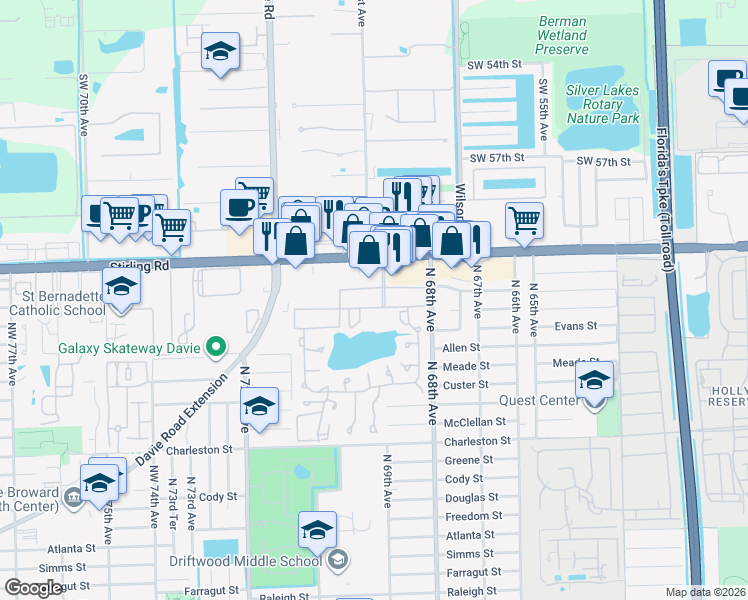 map of restaurants, bars, coffee shops, grocery stores, and more near 201 Berkley Road in Hollywood