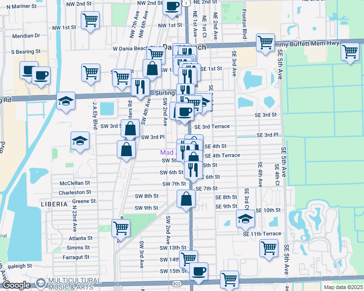 map of restaurants, bars, coffee shops, grocery stores, and more near in Dania Beach