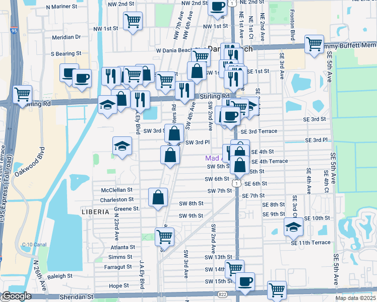 map of restaurants, bars, coffee shops, grocery stores, and more near 258 Southwest 4th Street in Dania Beach