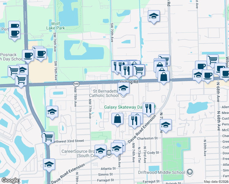 map of restaurants, bars, coffee shops, grocery stores, and more near 7554 Stirling Road in Hollywood