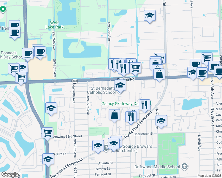 map of restaurants, bars, coffee shops, grocery stores, and more near 7554 Stirling Road in Hollywood