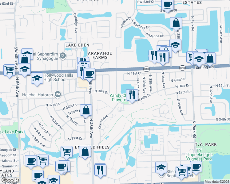 map of restaurants, bars, coffee shops, grocery stores, and more near 3860 North 42nd Terrace in Hollywood