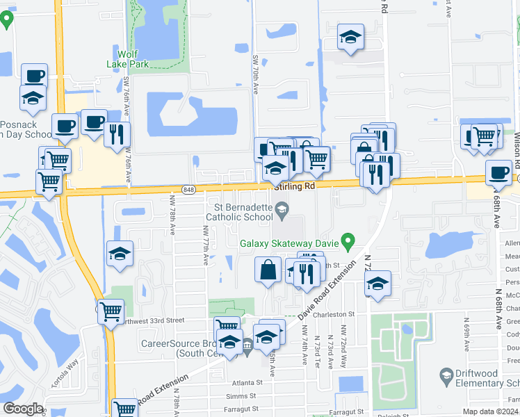 map of restaurants, bars, coffee shops, grocery stores, and more near 7554 Stirling Road in Hollywood