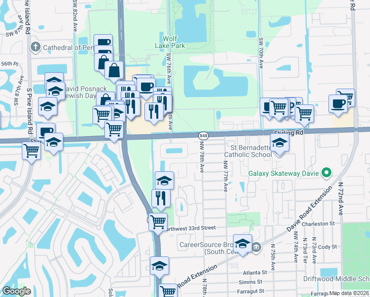 map of restaurants, bars, coffee shops, grocery stores, and more near 7908 North Silverado Circle in Hollywood