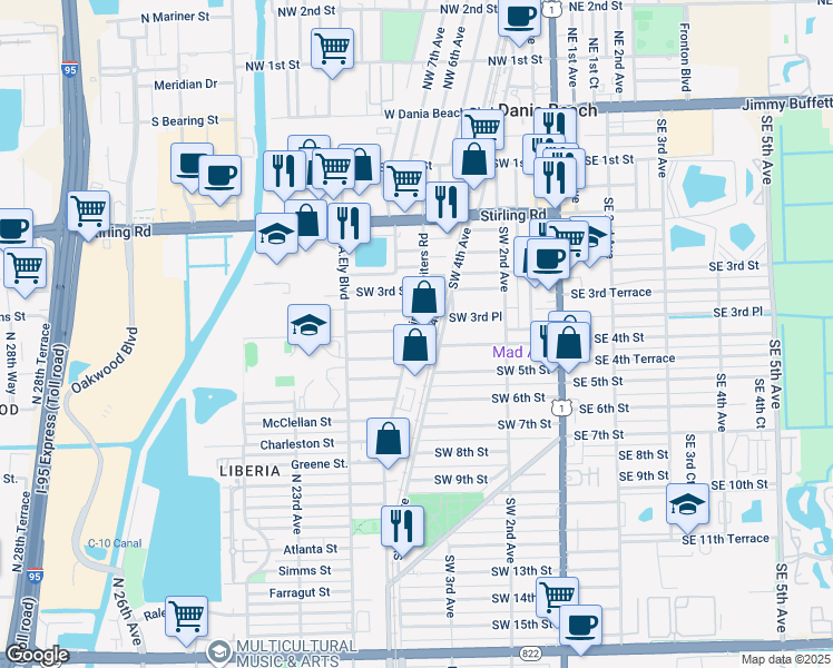 map of restaurants, bars, coffee shops, grocery stores, and more near 402 Phippen Waiters Road in Dania Beach