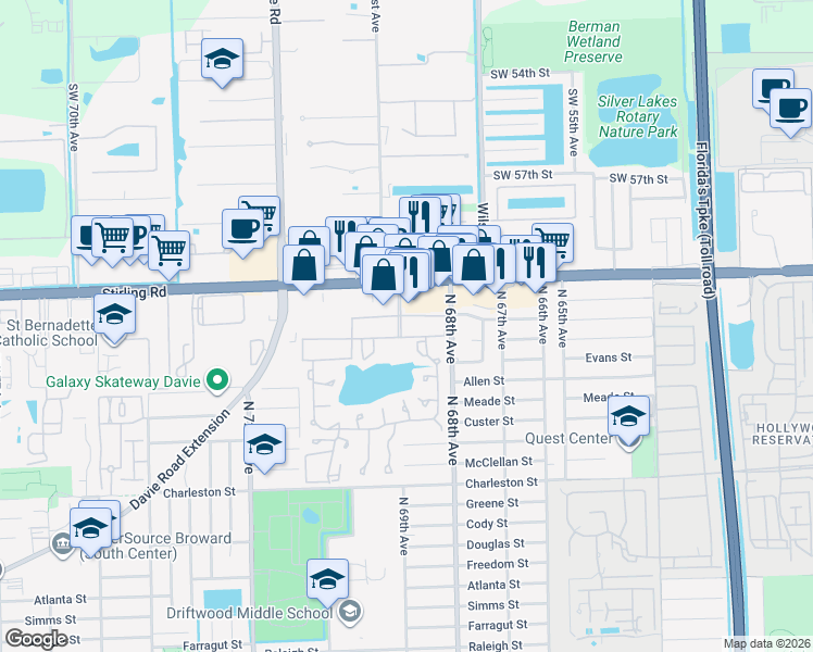 map of restaurants, bars, coffee shops, grocery stores, and more near 151 Berkley Road in Hollywood