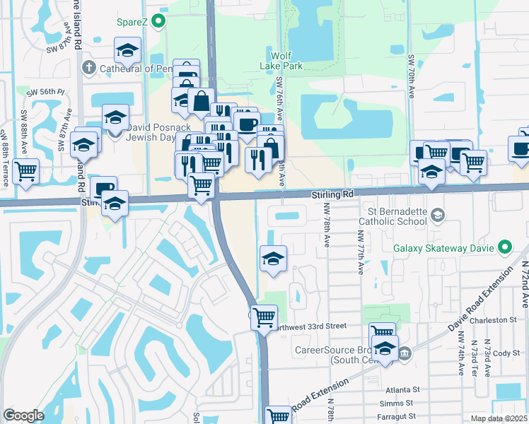 map of restaurants, bars, coffee shops, grocery stores, and more near 4141 West Silverado Circle in Hollywood